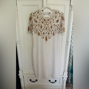 Vintage Lawrence Kazar Silk Beaded Sequined White And Gold Evening Dress Size L